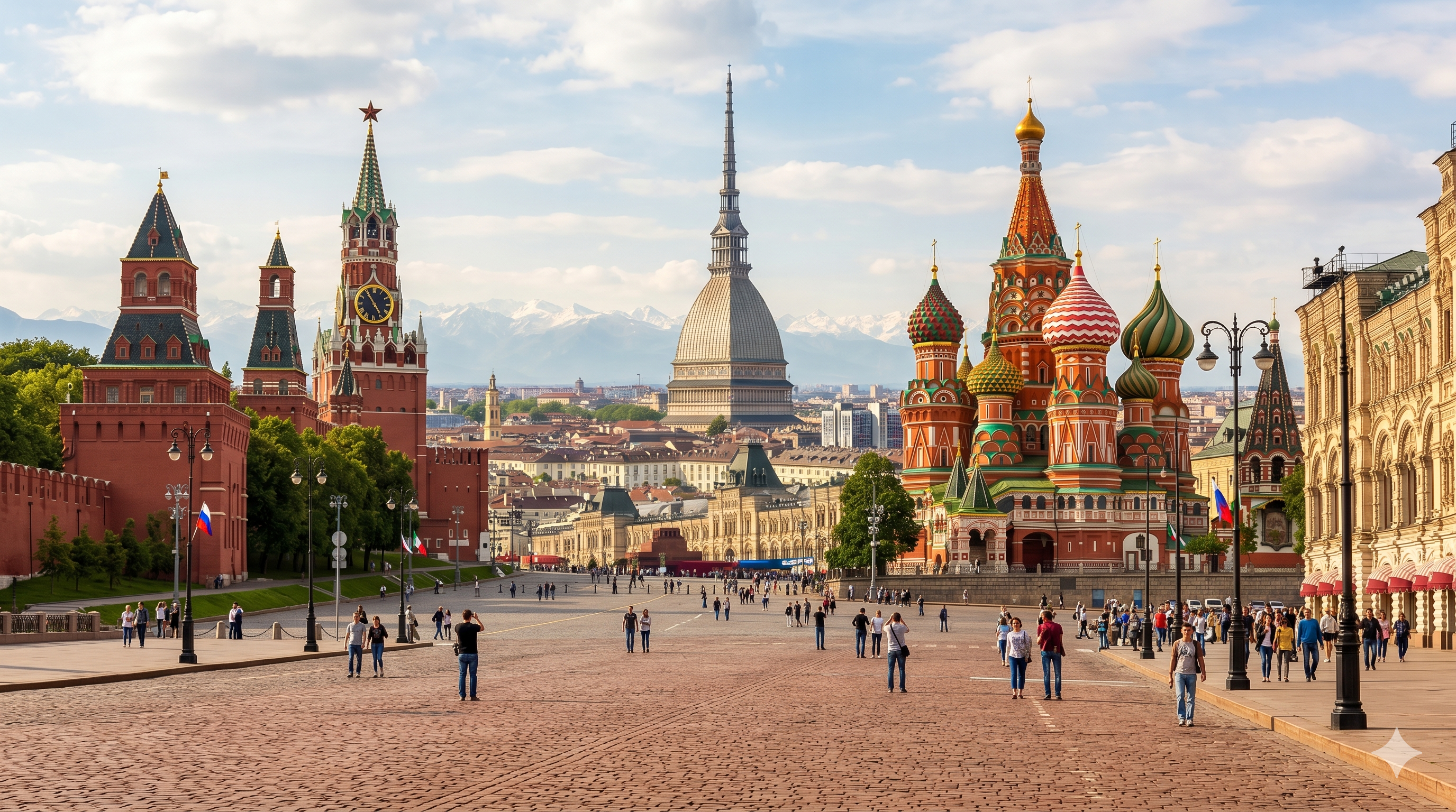 Composite photo: Moscow Red Square with Kremlin, Saint Basil's, and GUM; Turin's Mole Antonelliana and Alps edited into the skyline