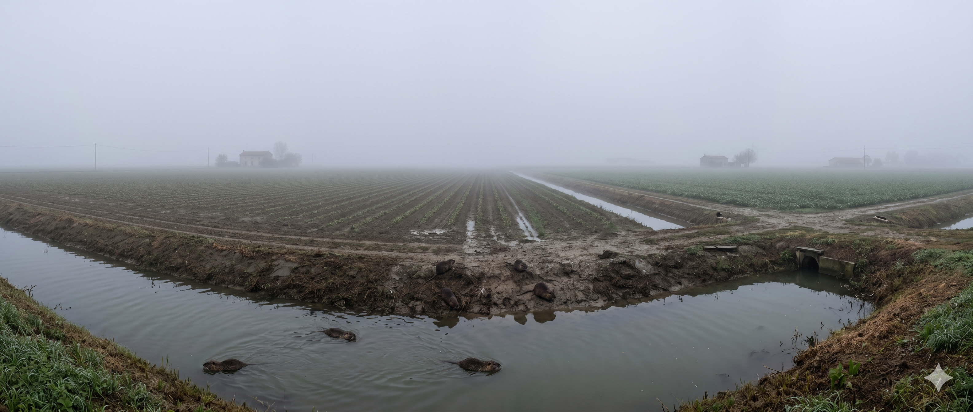 Fog over flat Polesine fields; nutria in and beside a muddy irrigation canal